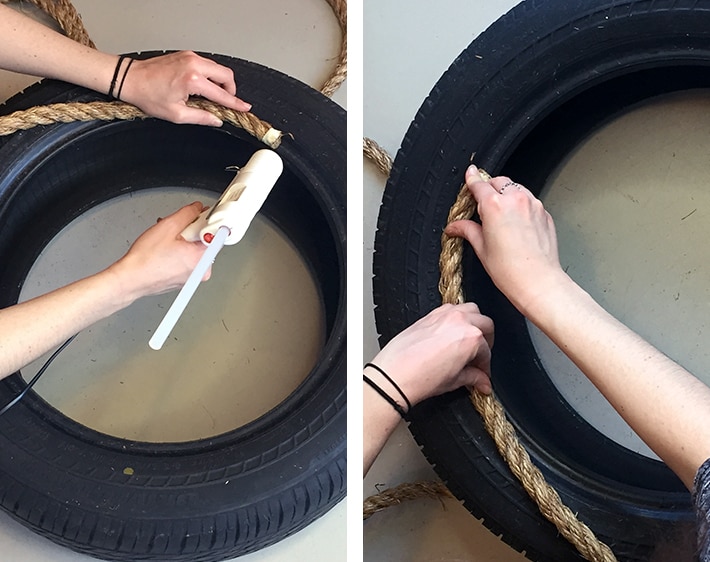 Step 2 - DIY Ottoman - Glue rope around the tire's top